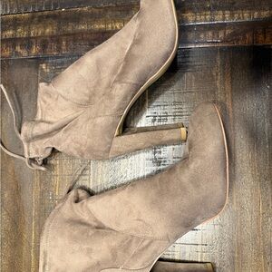 Charles David Taupe Suede High Block Heel Ankle Boots